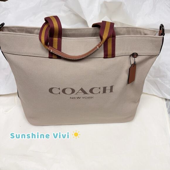 NWT COACH CJ486 Canvas Tote 38 Bag Canvas Leather Black Copper/Dark Natural - Picture 1 of 13